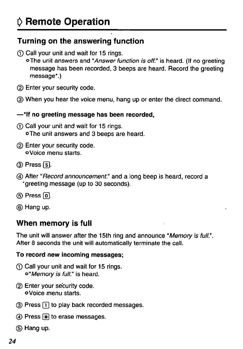 Turning on the answering function, When memory is full, Remote operation | Panasonic KX-TM80-B User Manual | Page 24 / 36