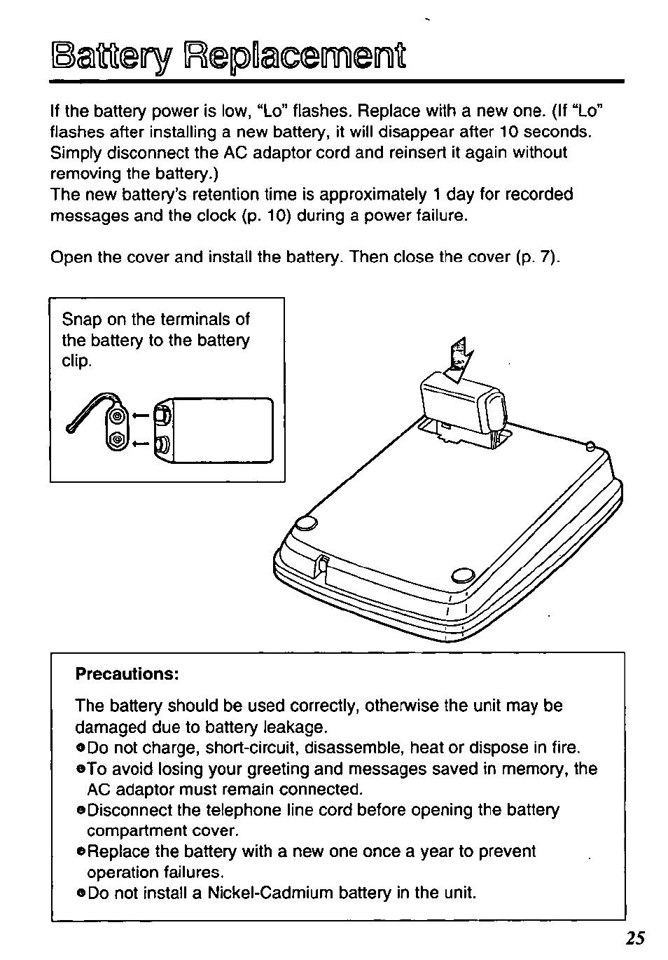 Batfiery replacememit | Panasonic KX-TM80-B User Manual | Page 25 / 36