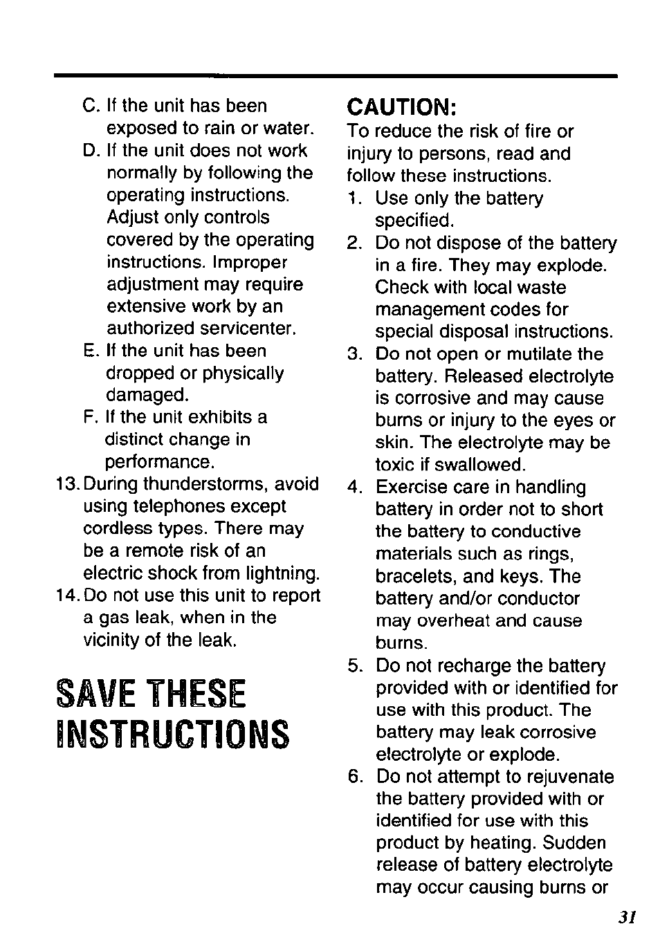 Caution, Save these instructions | Panasonic KX-TM80-B User Manual | Page 31 / 36