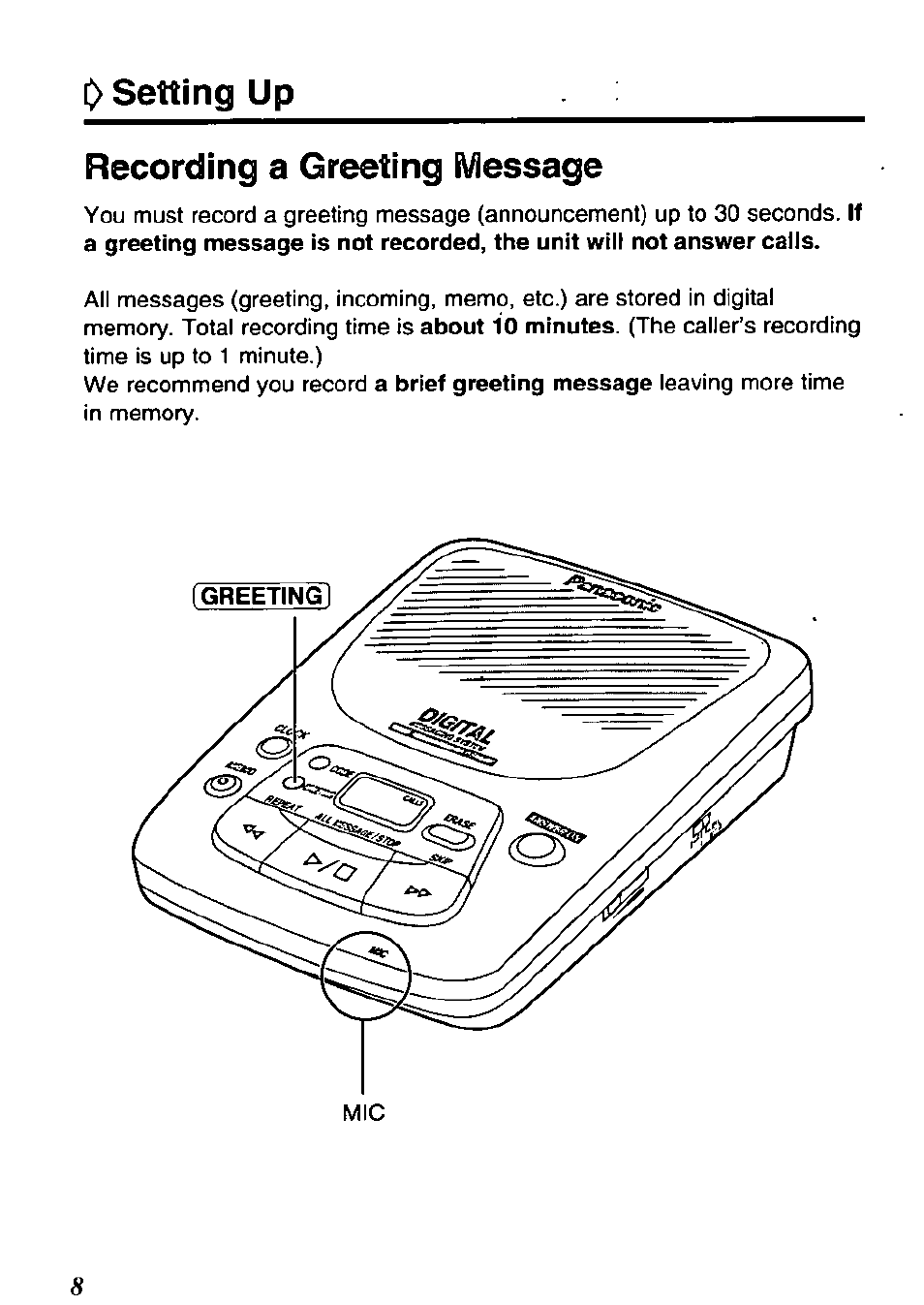 Recording a greeting message, Recording a memo message, Setting up | Panasonic KX-TM80-B User Manual | Page 8 / 36