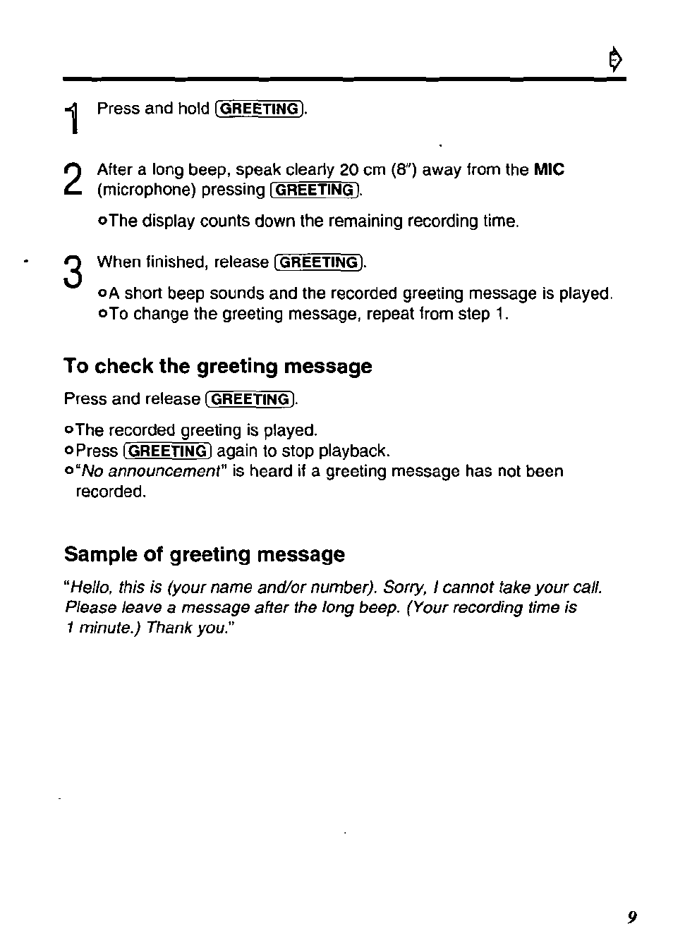 To check the greeting message, Sample of greeting message | Panasonic KX-TM80-B User Manual | Page 9 / 36