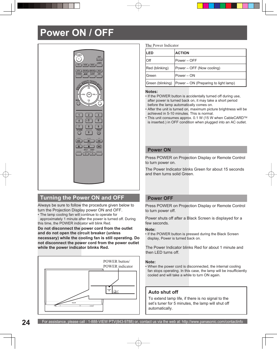 Basic operation, Power on/off, Power on / off | Turning the power on and off, Power on power off, Auto shut off | Panasonic PT 56DLX75 User Manual | Page 24 / 80