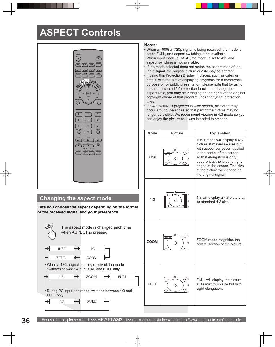 Aspect controls, Aspect con trols, Changing the aspect mode | Panasonic PT 56DLX75 User Manual | Page 36 / 80