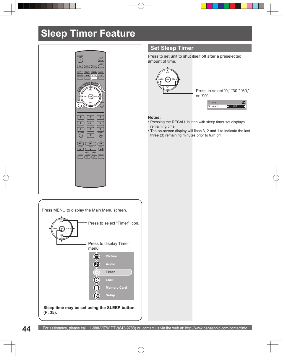 Sleep timer feature, Set sleep timer | Panasonic PT 56DLX75 User Manual | Page 44 / 80