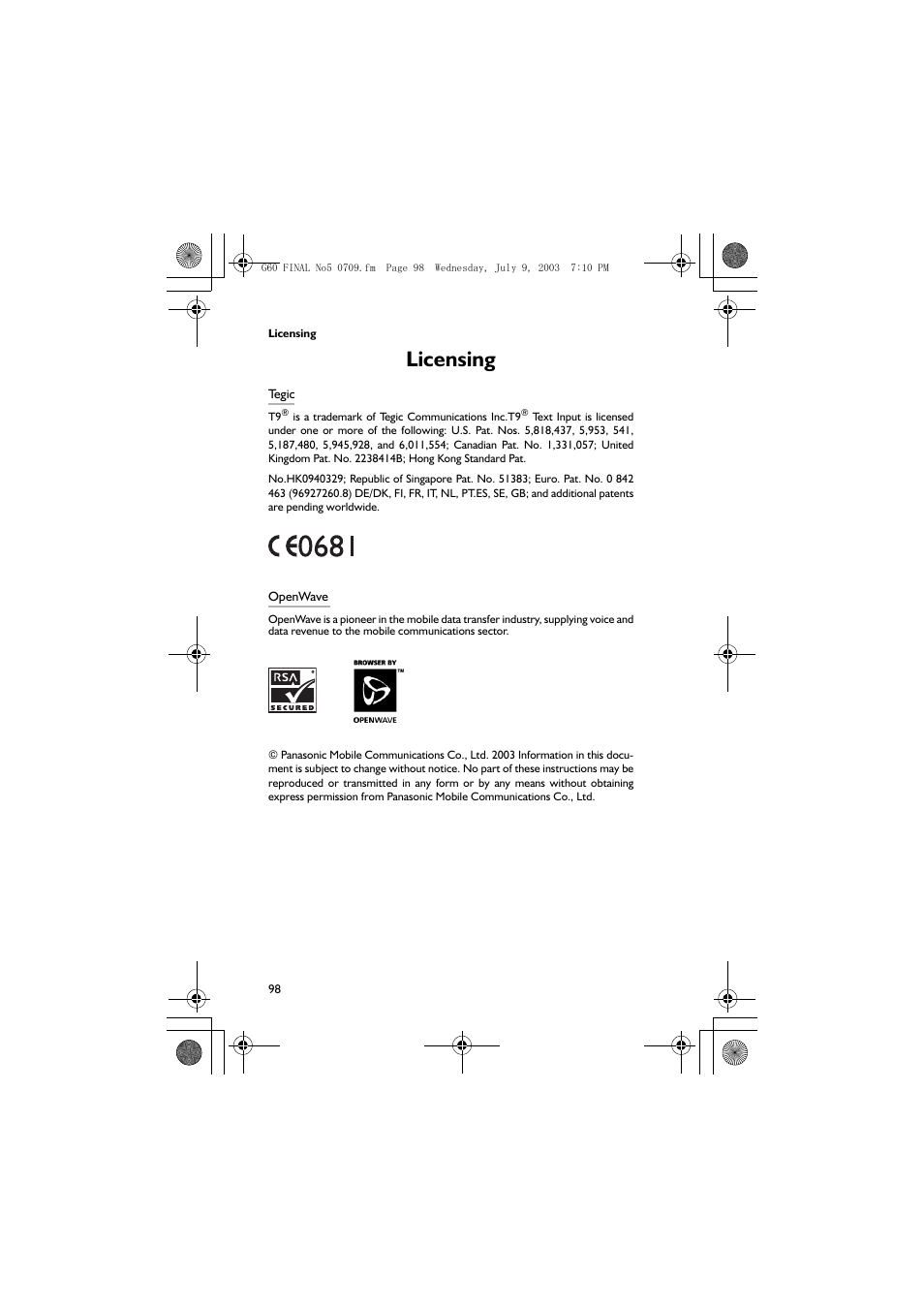 Licensing | Panasonic EB-G60 User Manual | Page 109 / 111
