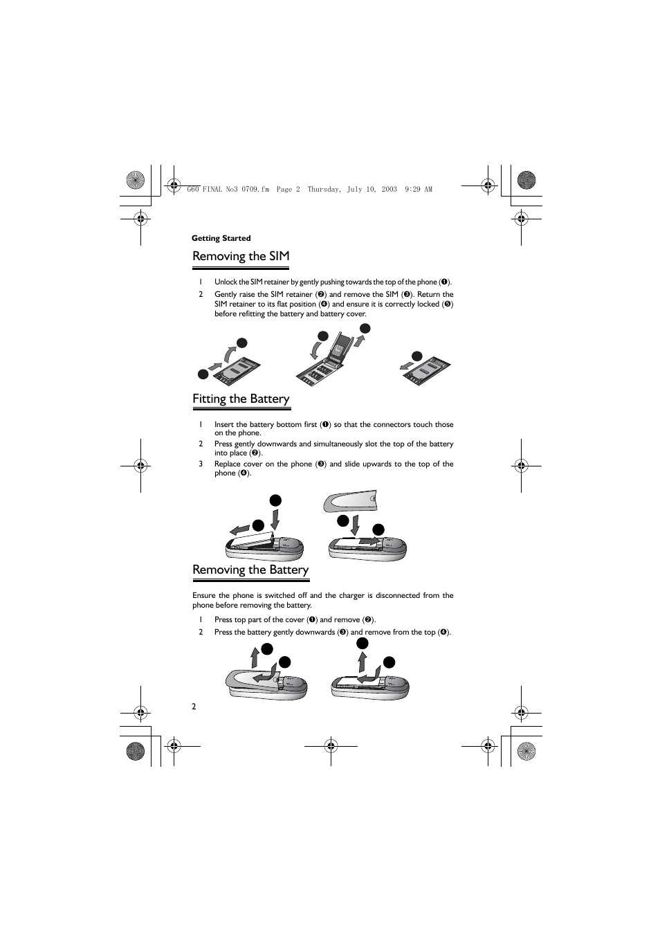 Removing the sim, Fitting the battery, Removing the battery | Panasonic EB-G60 User Manual | Page 13 / 111