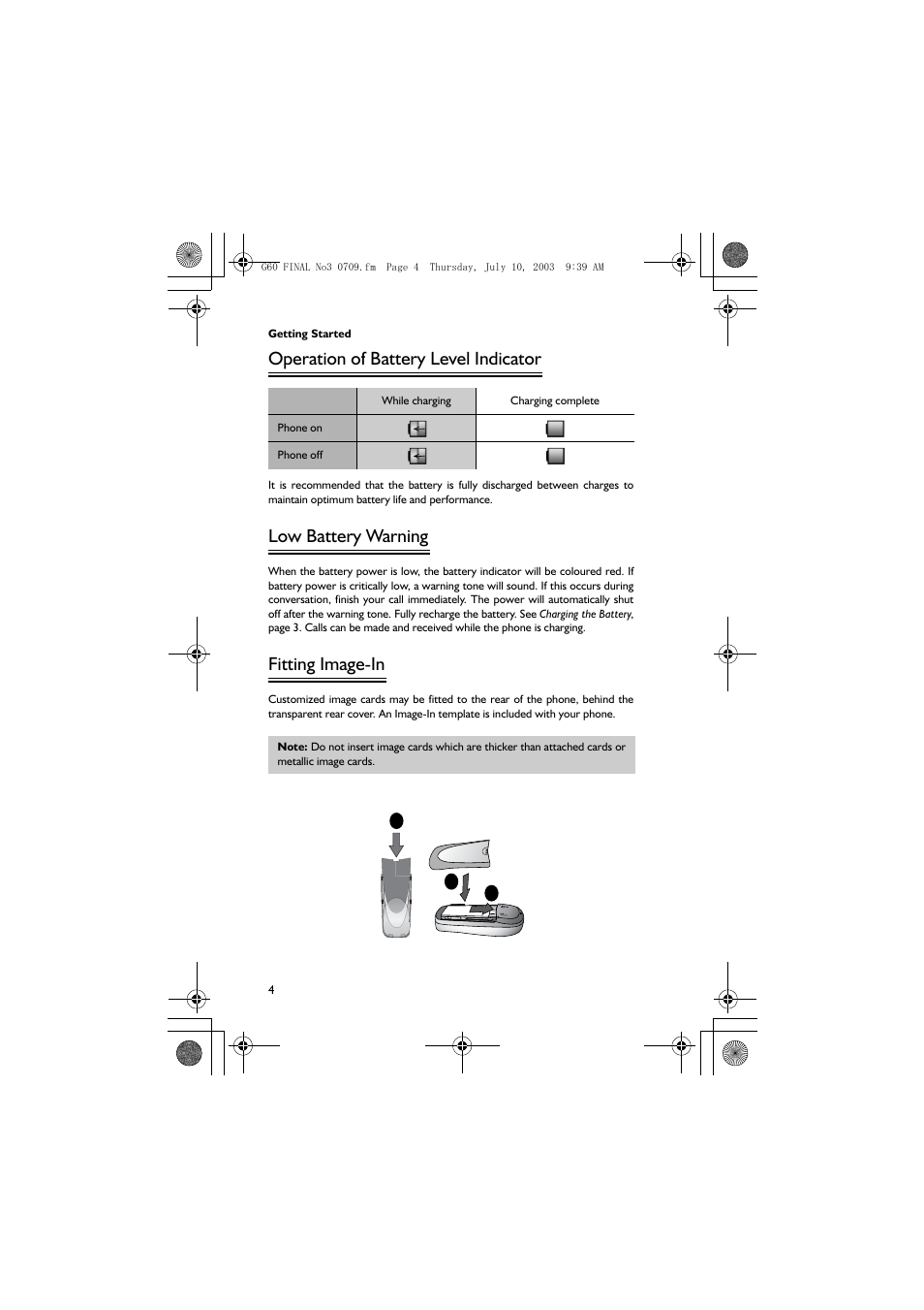 Operation of battery level indicator, Low battery warning, Fitting image-in | Panasonic EB-G60 User Manual | Page 15 / 111