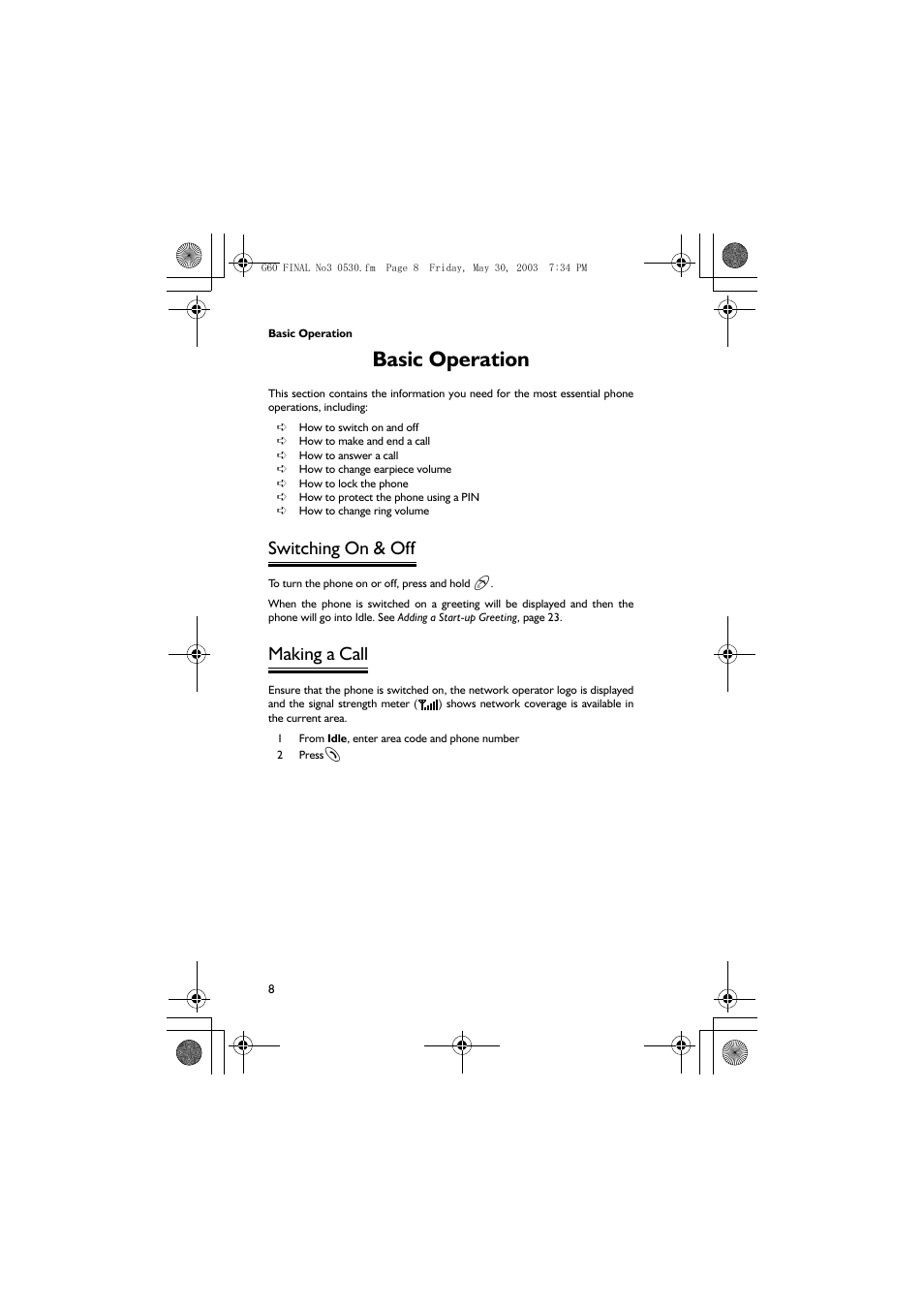 Basic operation, Switching on & off, Making a call | Panasonic EB-G60 User Manual | Page 19 / 111