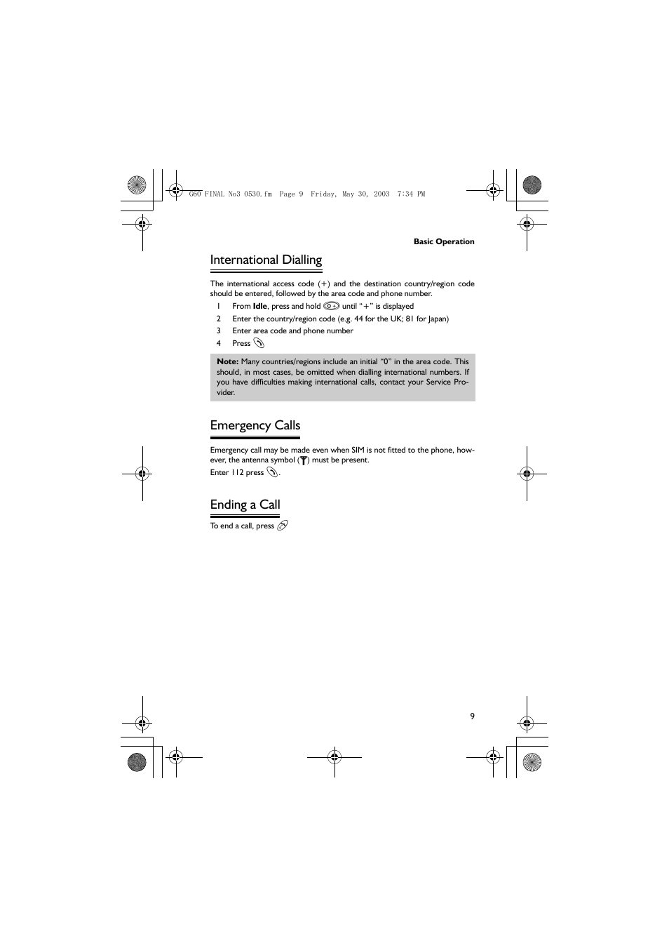 International dialling, Emergency calls, Ending a call | Panasonic EB-G60 User Manual | Page 20 / 111