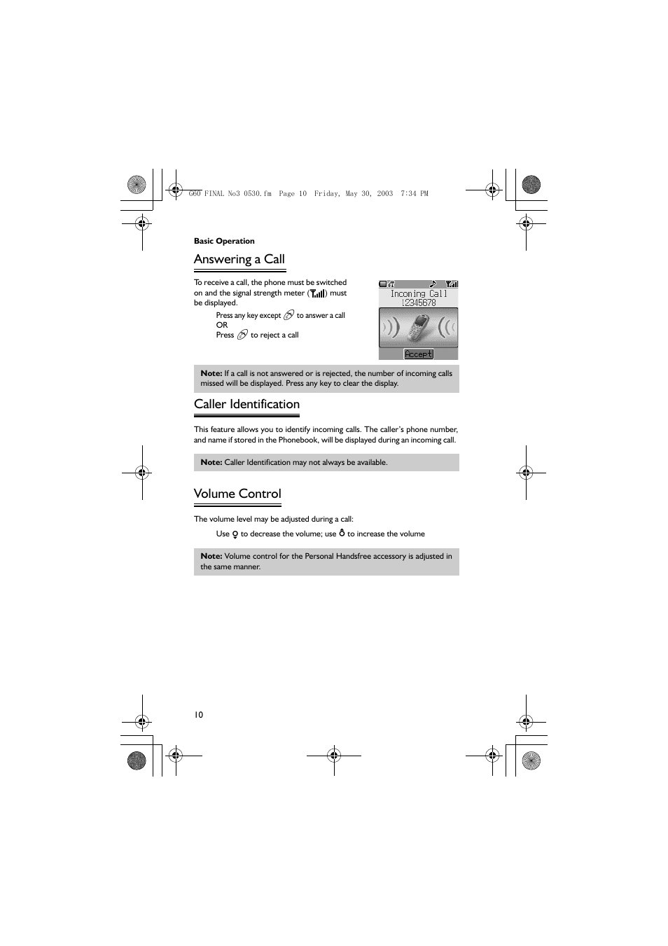 Answering a call, Caller identification, Volume control | Panasonic EB-G60 User Manual | Page 21 / 111