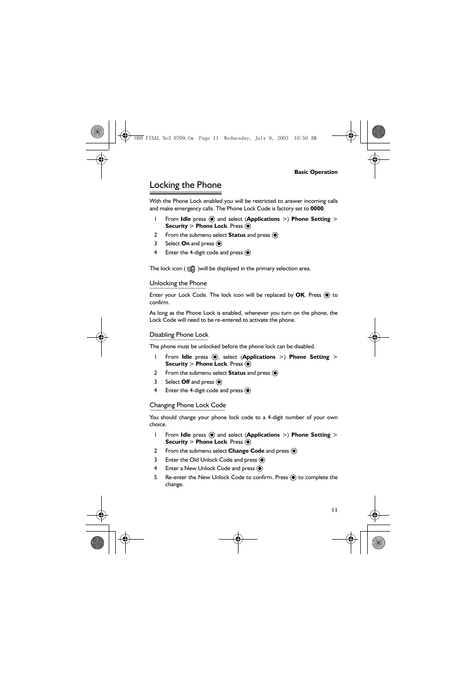 Locking the phone | Panasonic EB-G60 User Manual | Page 22 / 111