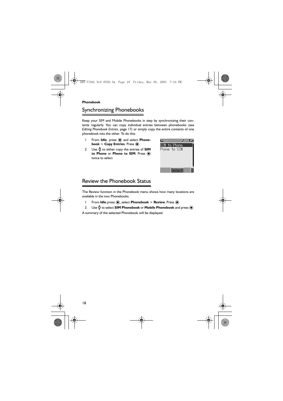 Synchronizing phonebooks, Review the phonebook status | Panasonic EB-G60 User Manual | Page 29 / 111