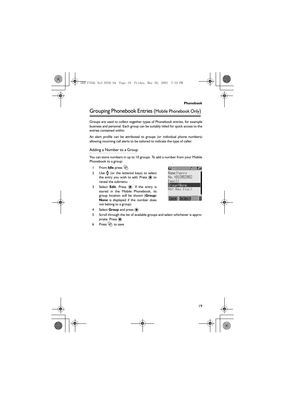 Grouping phonebook entries | Panasonic EB-G60 User Manual | Page 30 / 111