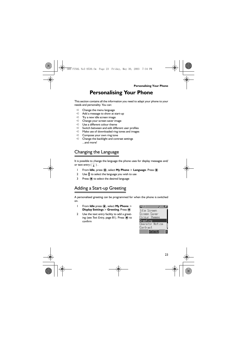 Personalising your phone, Changing the language, Adding a start-up greeting | Panasonic EB-G60 User Manual | Page 34 / 111