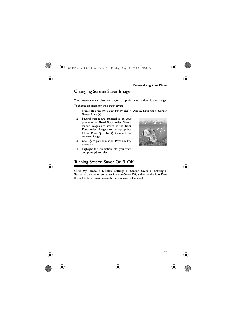 Changing screen saver image, Turning screen saver on & off | Panasonic EB-G60 User Manual | Page 36 / 111