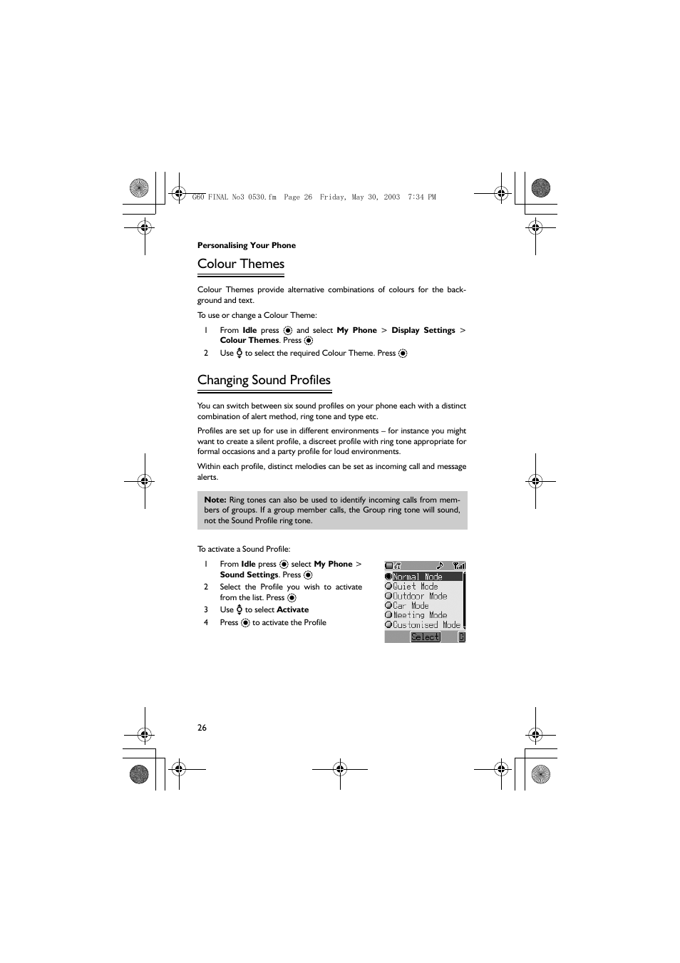 Colour themes, Changing sound profiles | Panasonic EB-G60 User Manual | Page 37 / 111