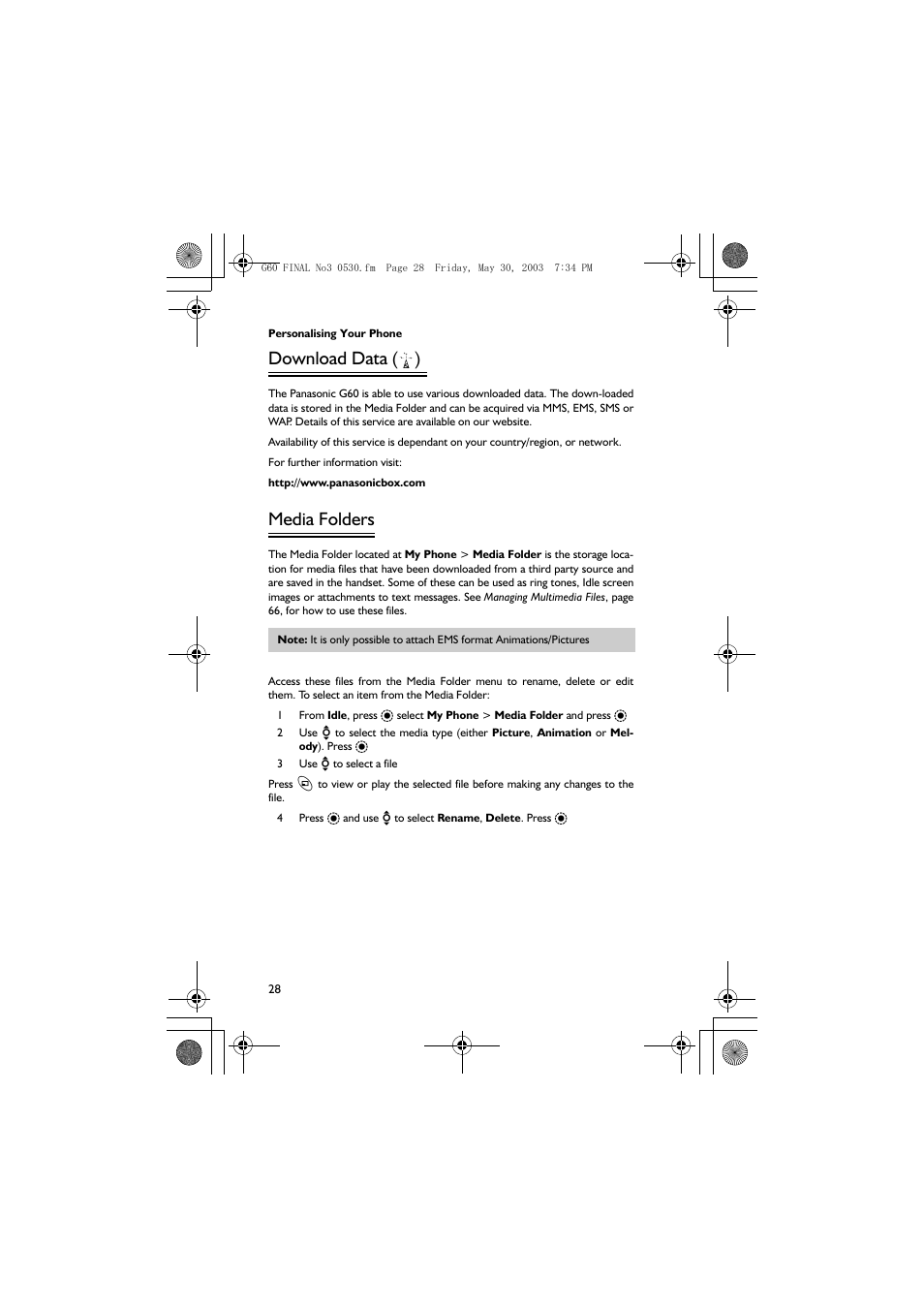 Download data, Media folders | Panasonic EB-G60 User Manual | Page 39 / 111