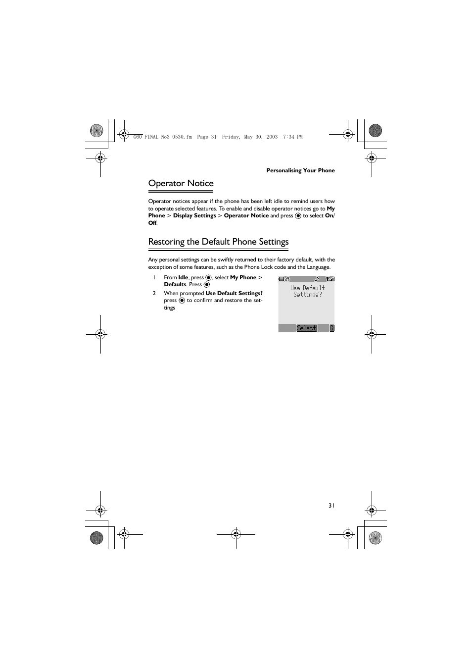 Operator notice, Restoring the default phone settings | Panasonic EB-G60 User Manual | Page 42 / 111