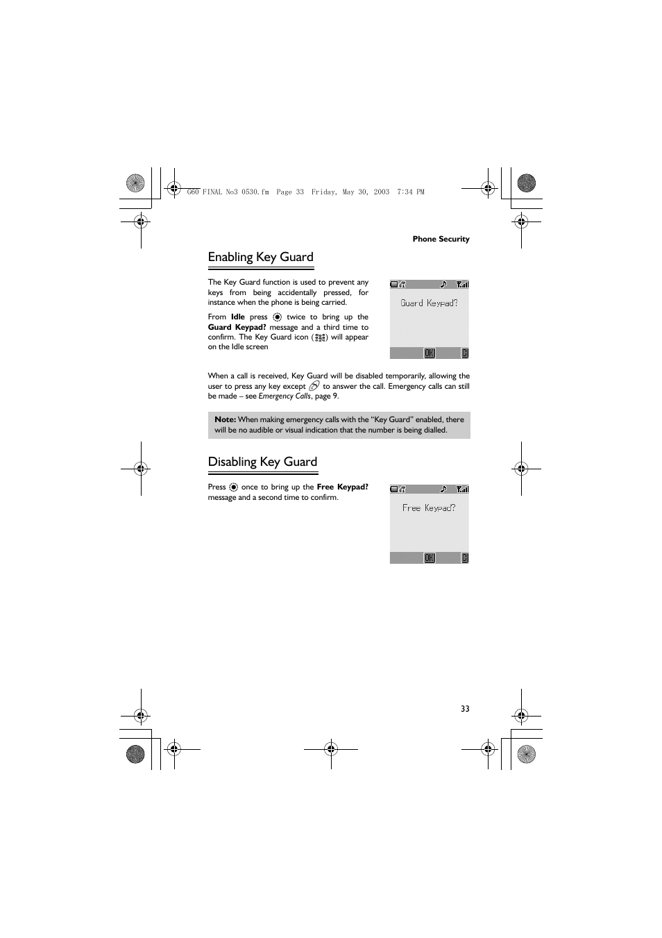 Enabling key guard, Disabling key guard | Panasonic EB-G60 User Manual | Page 44 / 111