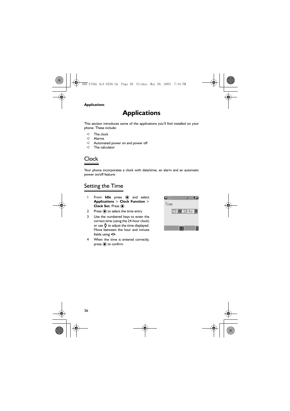 Applications, Clock, Setting the time | Panasonic EB-G60 User Manual | Page 47 / 111
