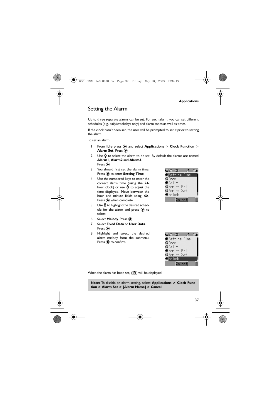Setting the alarm | Panasonic EB-G60 User Manual | Page 48 / 111