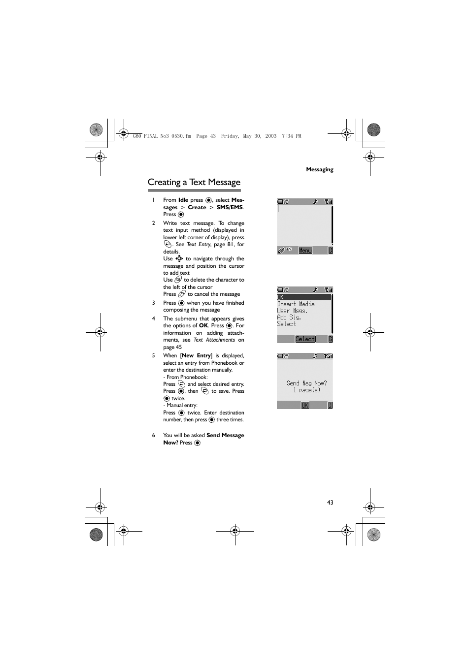 Creating a text message | Panasonic EB-G60 User Manual | Page 54 / 111