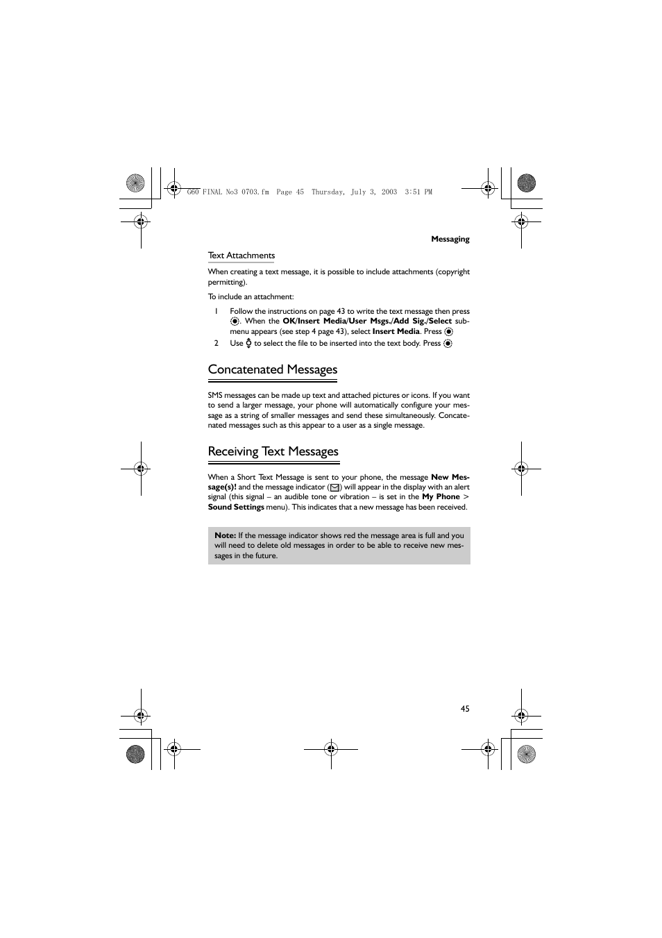 Concatenated messages, Receiving text messages | Panasonic EB-G60 User Manual | Page 56 / 111