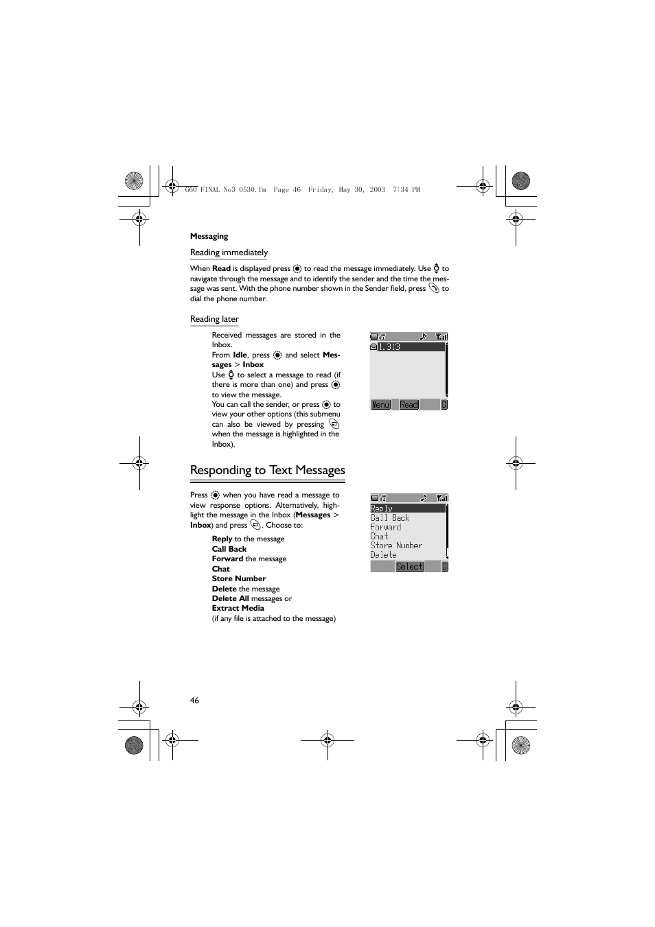 Responding to text messages | Panasonic EB-G60 User Manual | Page 57 / 111