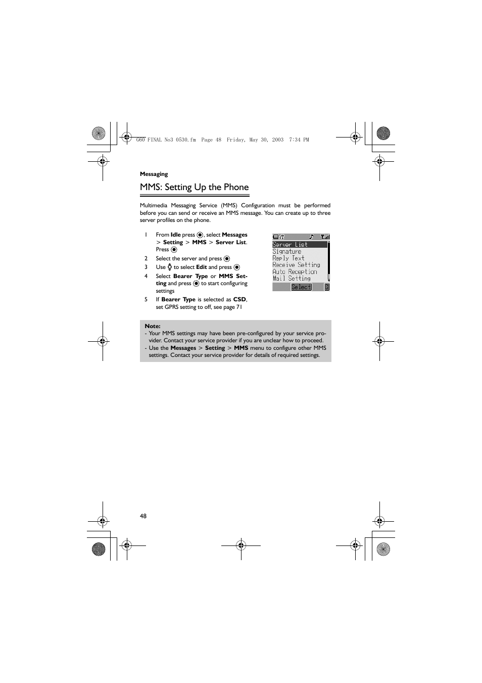 Mms: setting up the phone | Panasonic EB-G60 User Manual | Page 59 / 111