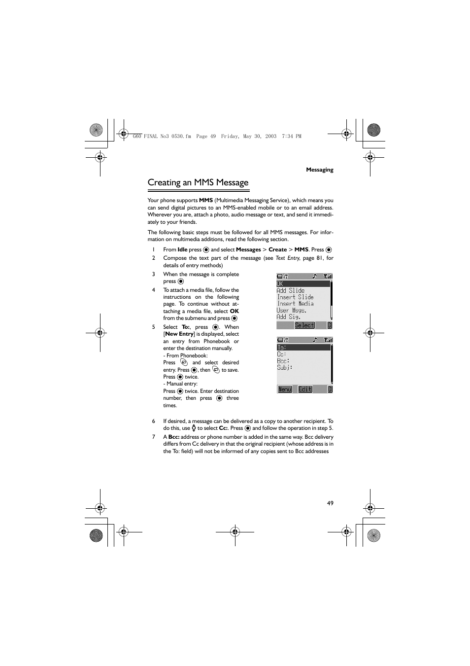 Creating an mms message | Panasonic EB-G60 User Manual | Page 60 / 111