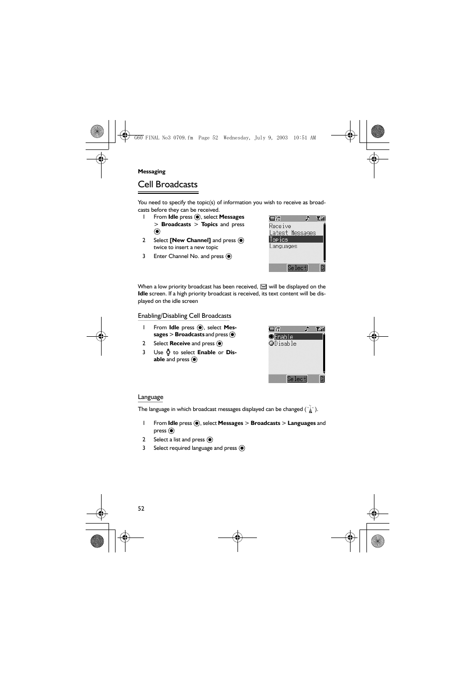Cell broadcasts | Panasonic EB-G60 User Manual | Page 63 / 111