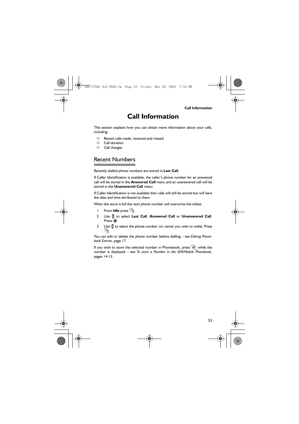 Call information, Recent numbers | Panasonic EB-G60 User Manual | Page 64 / 111