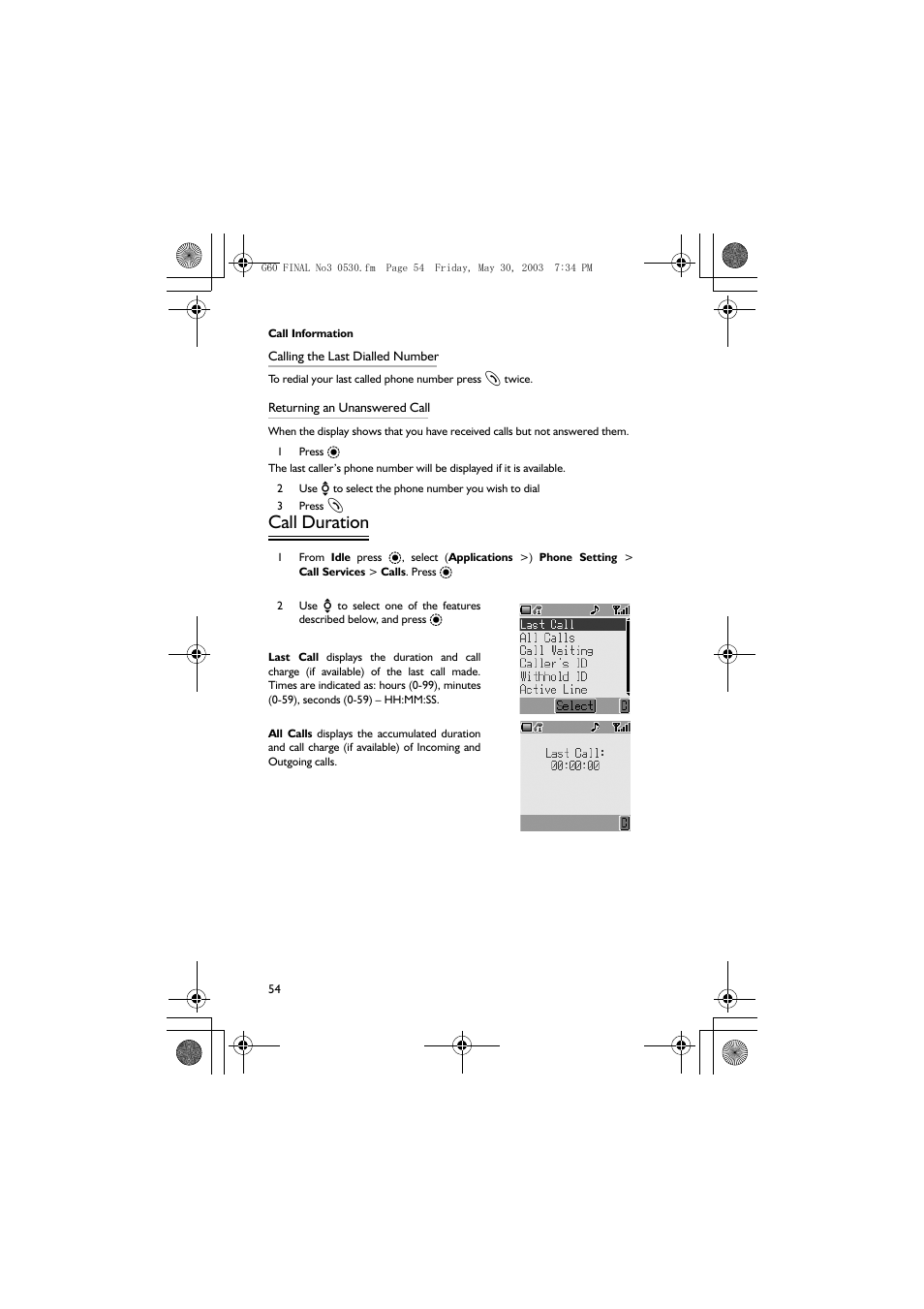 Call duration | Panasonic EB-G60 User Manual | Page 65 / 111