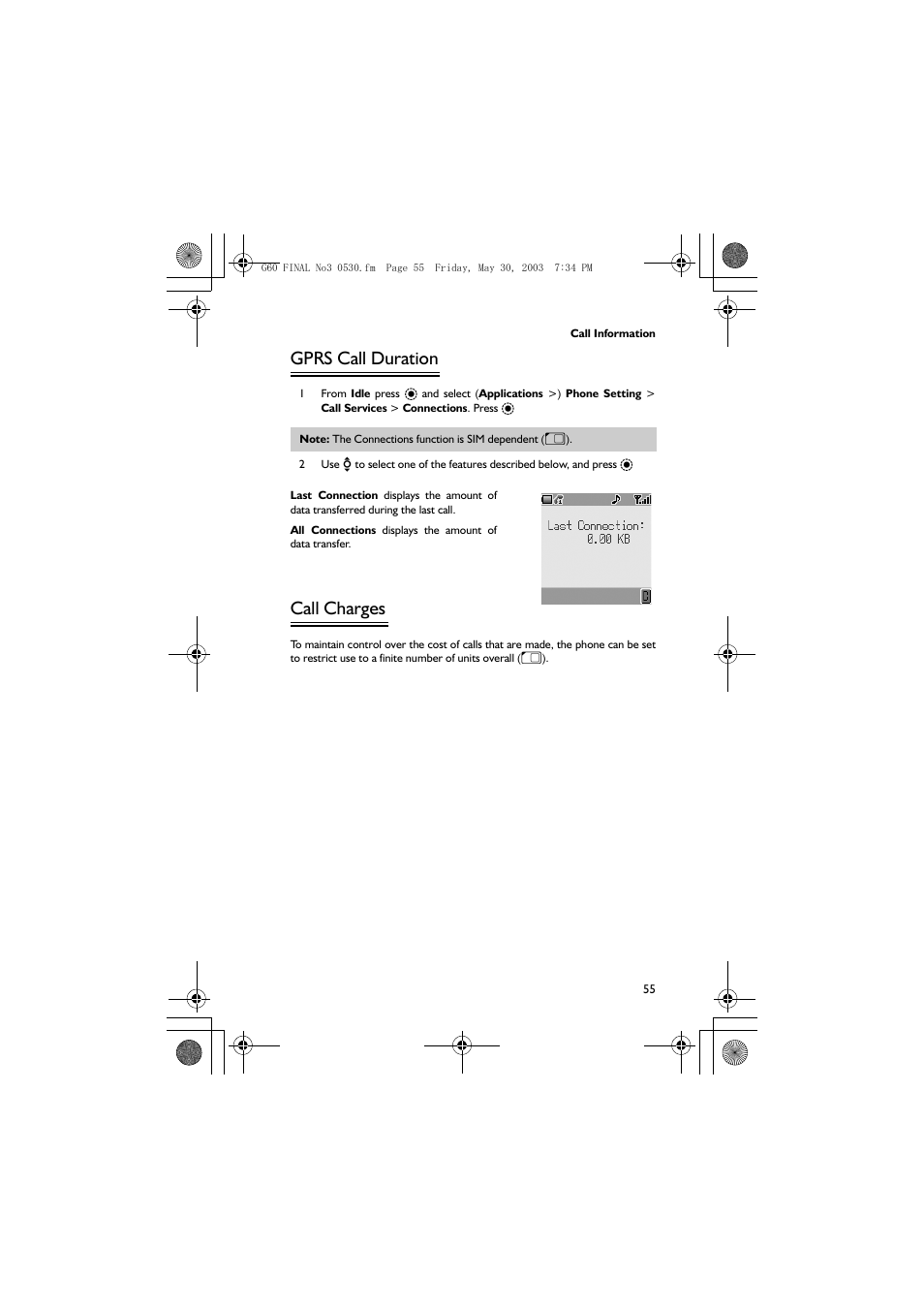 Gprs call duration, Call charges | Panasonic EB-G60 User Manual | Page 66 / 111