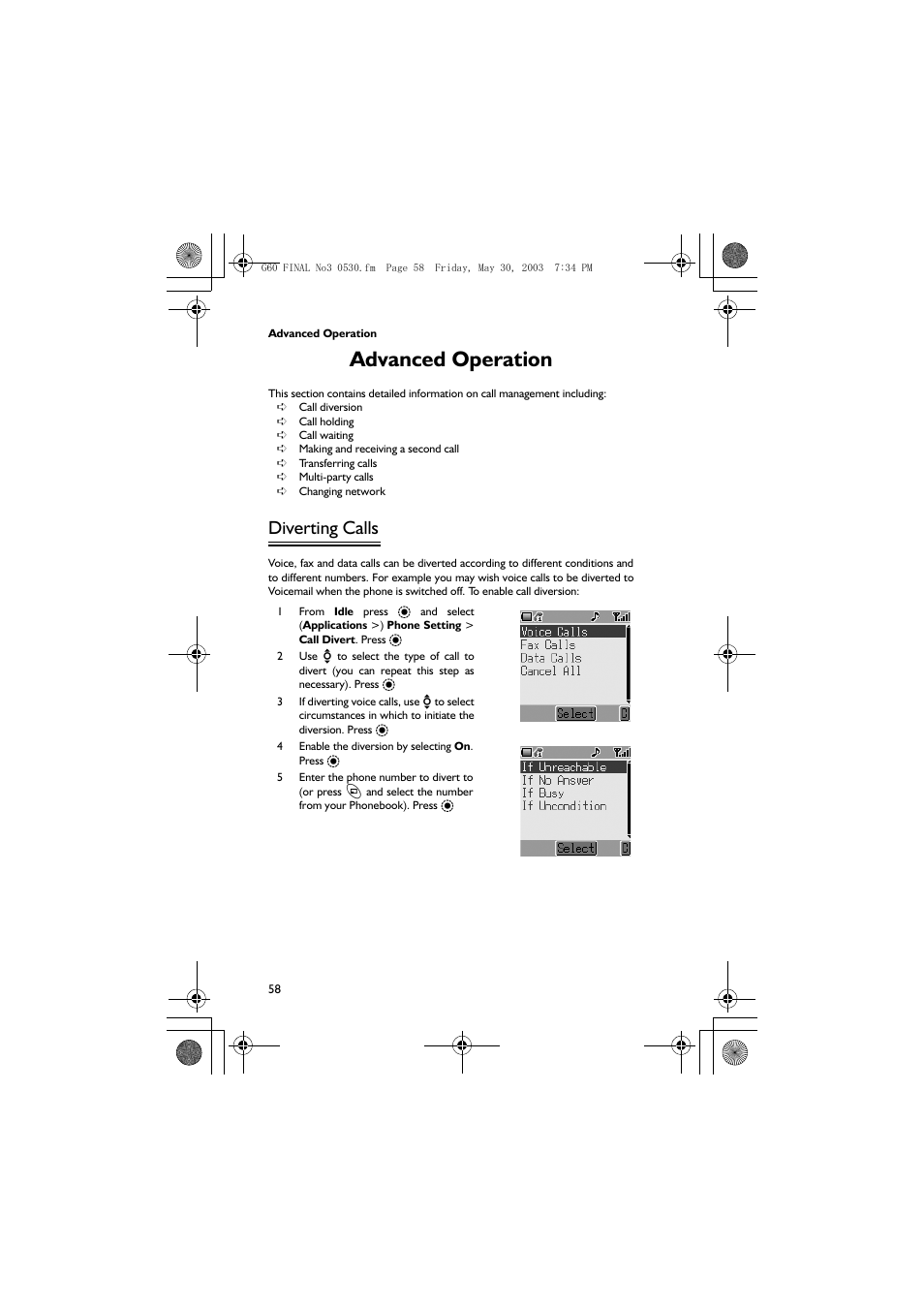 Advanced operation, Diverting calls | Panasonic EB-G60 User Manual | Page 69 / 111