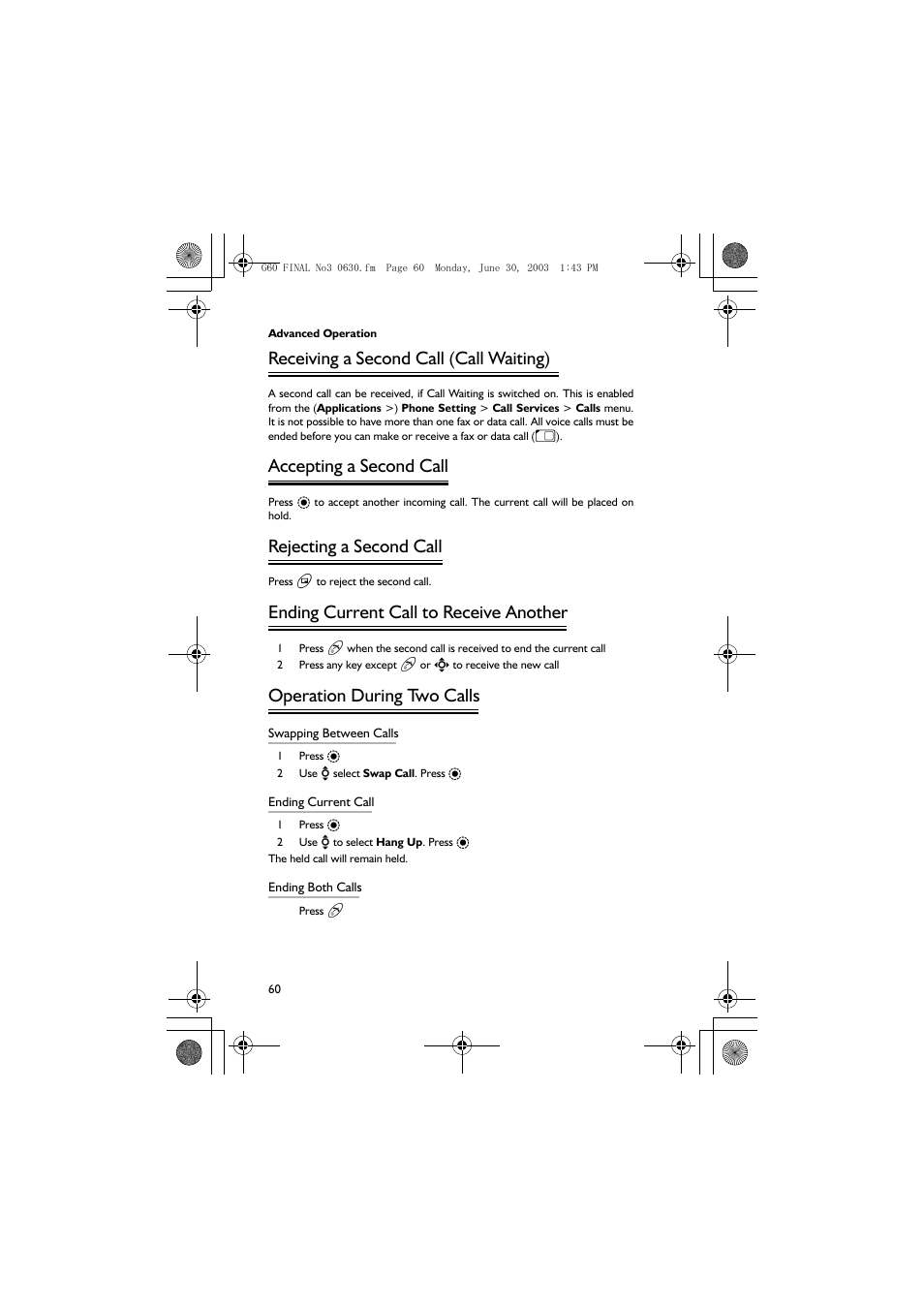 Receiving a second call (call waiting), Accepting a second call, Rejecting a second call | Ending current call to receive another, Operation during two calls | Panasonic EB-G60 User Manual | Page 71 / 111