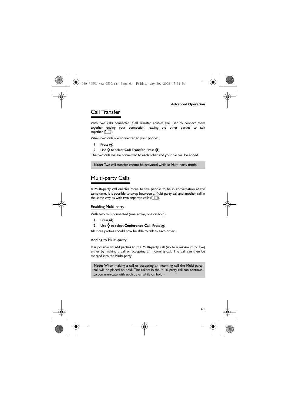 Call transfer, Multi-party calls | Panasonic EB-G60 User Manual | Page 72 / 111