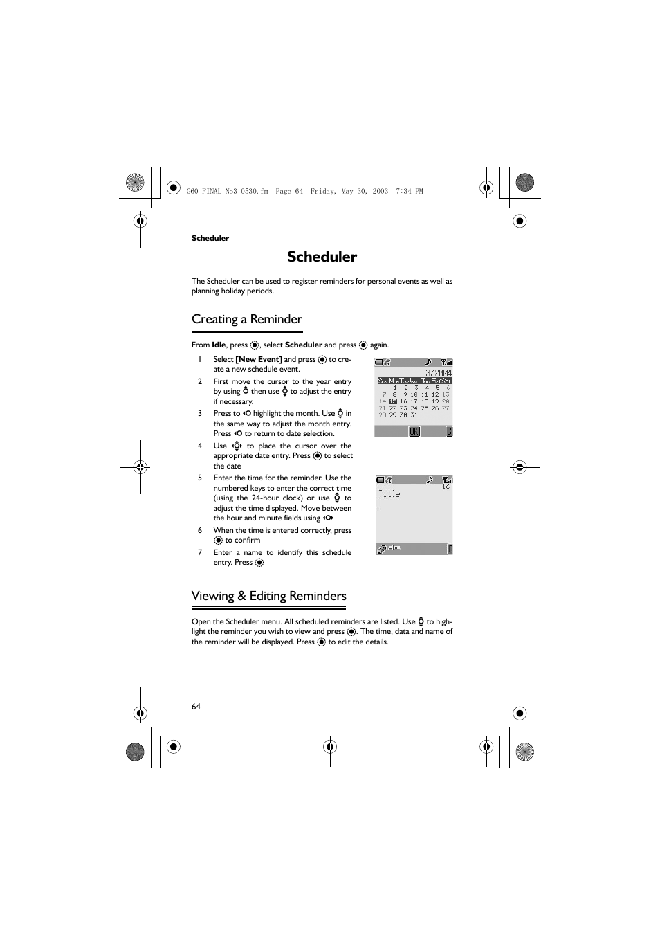 Scheduler, Creating a reminder, Viewing & editing reminders | Panasonic EB-G60 User Manual | Page 75 / 111