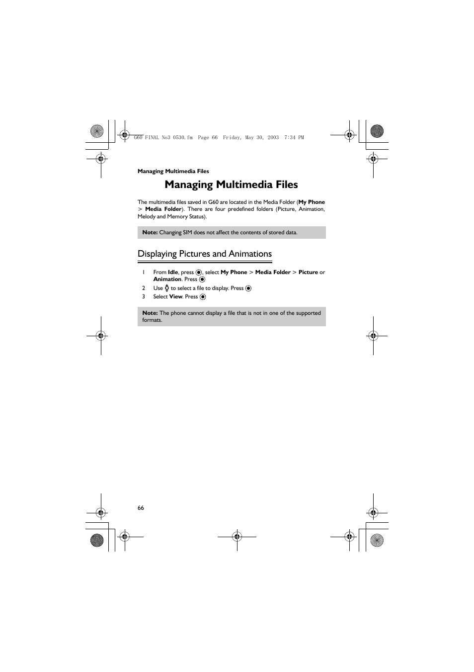 Managing multimedia files, Displaying pictures and animations | Panasonic EB-G60 User Manual | Page 77 / 111