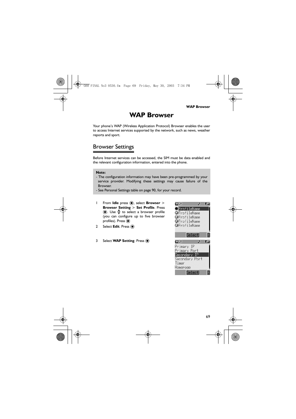 Wap browser, Browser settings | Panasonic EB-G60 User Manual | Page 80 / 111