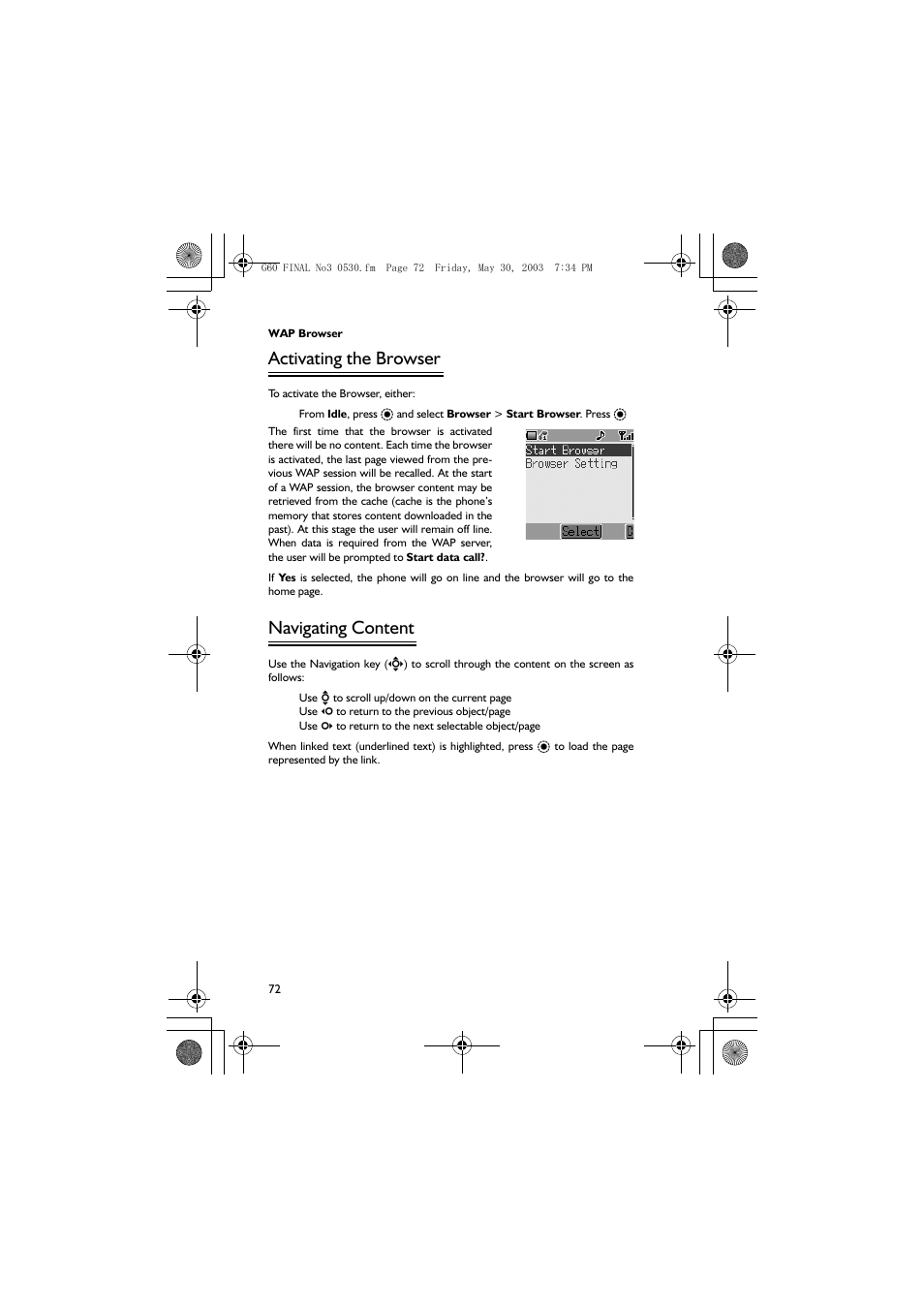 Activating the browser, Navigating content | Panasonic EB-G60 User Manual | Page 83 / 111