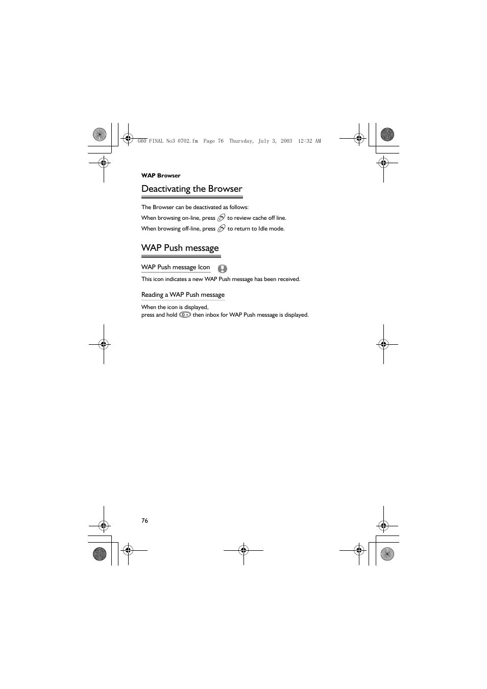 Deactivating the browser, Wap push message | Panasonic EB-G60 User Manual | Page 87 / 111