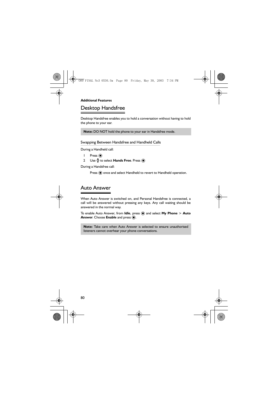 Desktop handsfree, Auto answer | Panasonic EB-G60 User Manual | Page 91 / 111