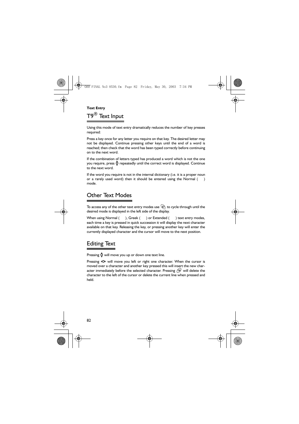 Text input, Other text modes, Editing text | Panasonic EB-G60 User Manual | Page 93 / 111