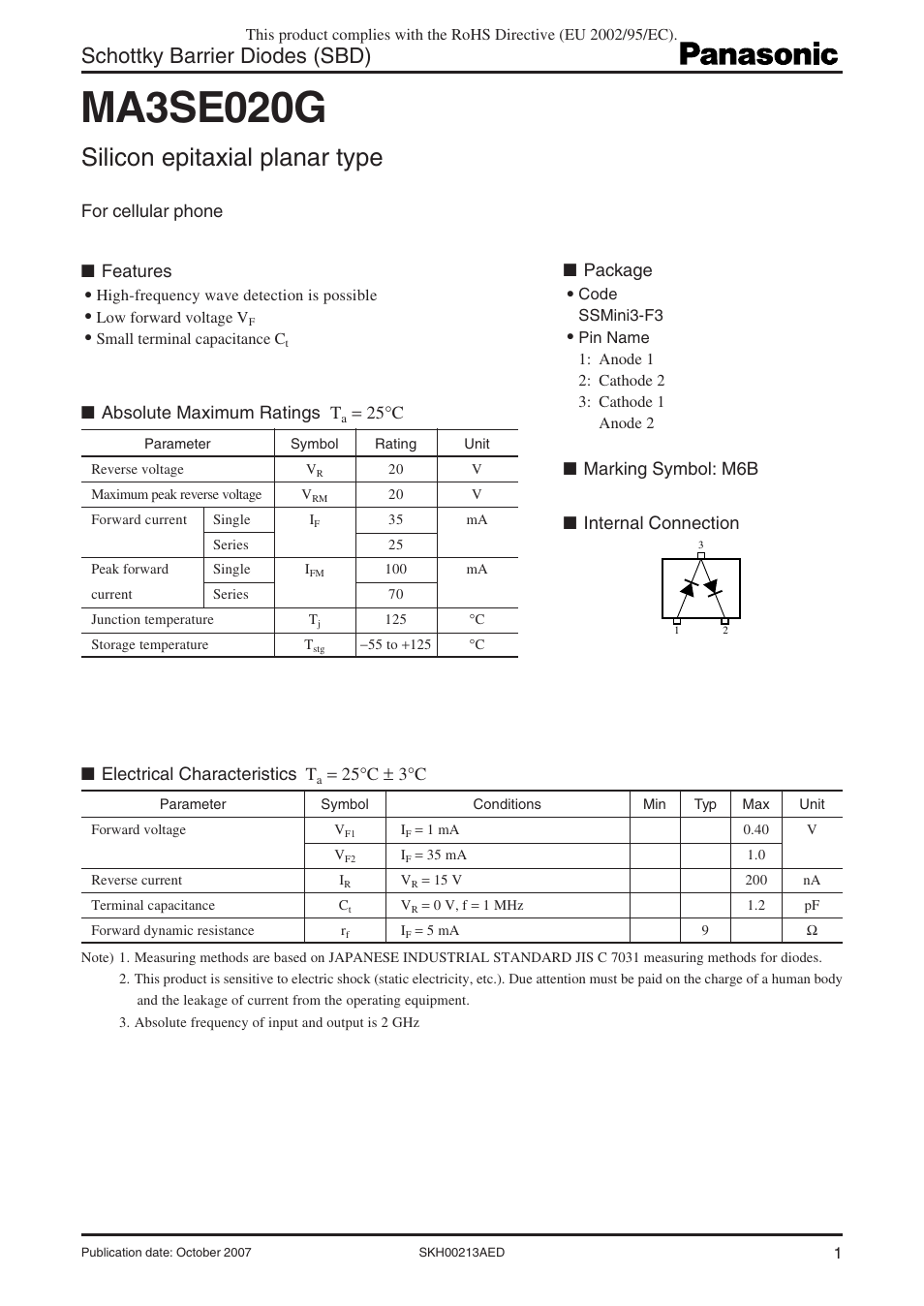 Panasonic Schottky Barrier Diodes MA3SE020G User Manual | 4 pages