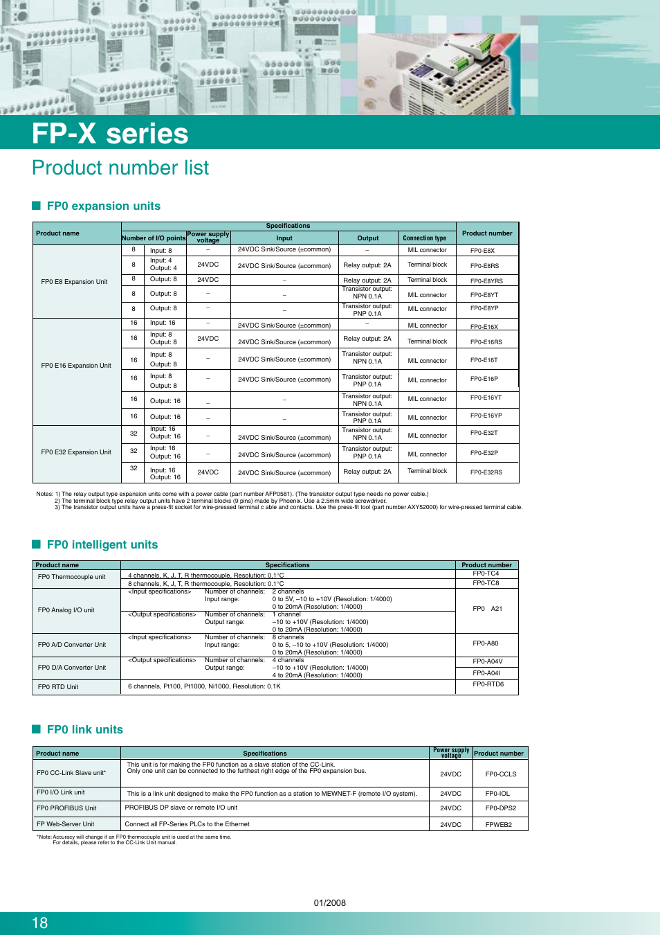 Fp-x series, Product number list | Panasonic Programmable Controllers FP-X Series User Manual | Page 18 / 24