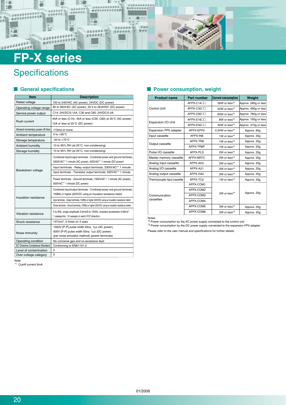 Fp-x series, Specifications, General specifications  power consumption, weight | Panasonic Programmable Controllers FP-X Series User Manual | Page 20 / 24