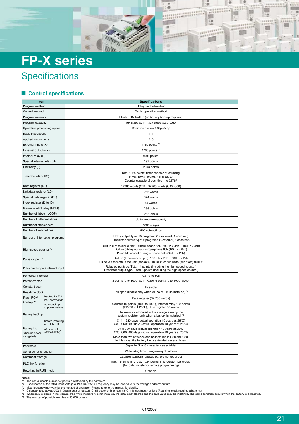 Fp-x series, Specifications, Control specifications | Panasonic Programmable Controllers FP-X Series User Manual | Page 21 / 24