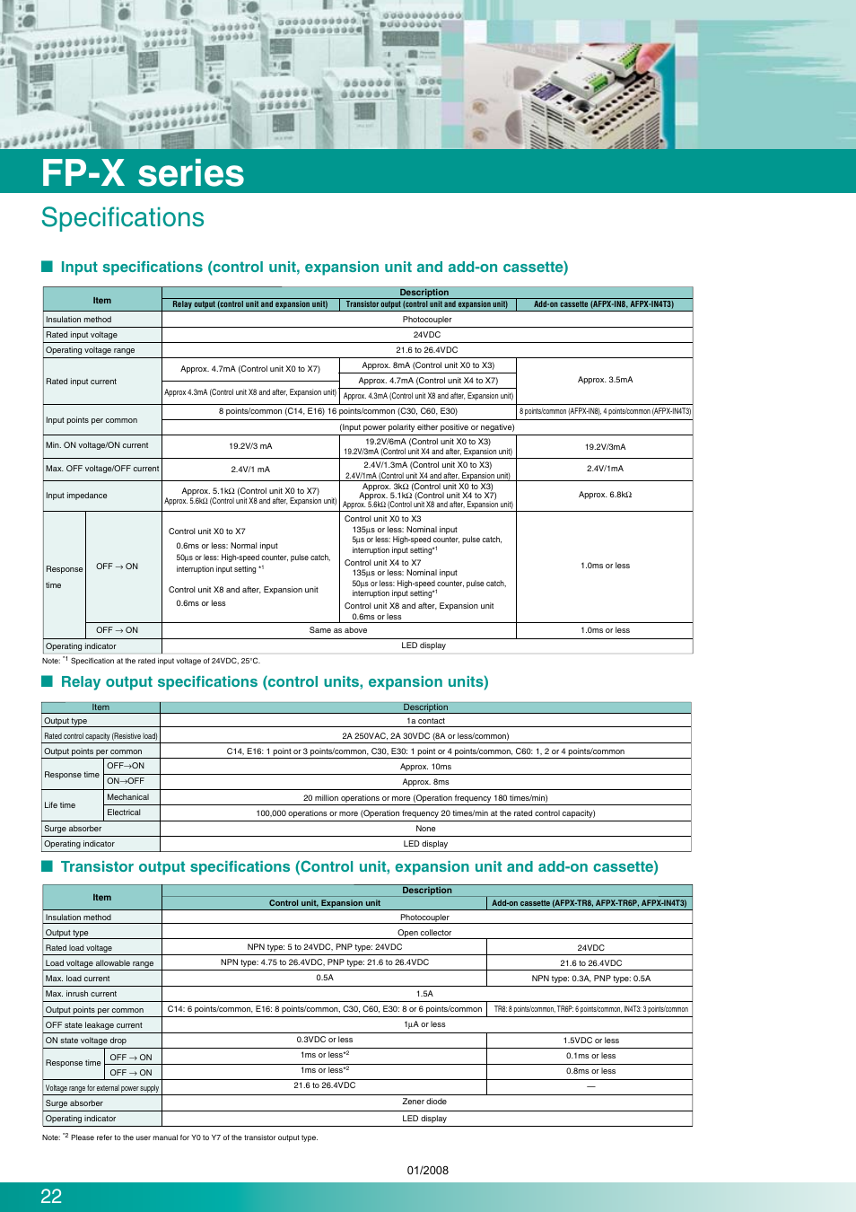 Fp-x series, Specifications | Panasonic Programmable Controllers FP-X Series User Manual | Page 22 / 24