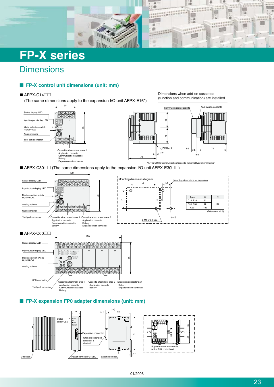 Fp-x series, Dimensions, Fp-x control unit dimensions (unit: mm) | Fp-x expansion fp0 adapter dimensions (unit: mm), Mounting dimension diagram | Panasonic Programmable Controllers FP-X Series User Manual | Page 23 / 24